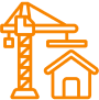 Crane constructing house icon in orange.