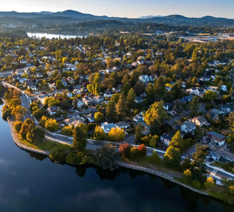 Aerial view of suburban neighborhood and lake.
